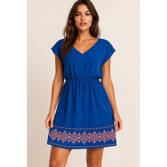 Miami Women’s Blue Boho Boutique Shift Dress Small Embroidered Hem Elastic Waist - Picture 1 of 9